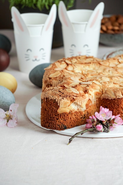 Colomba  traditional italian easter dove cake with glaze macaranage almonds