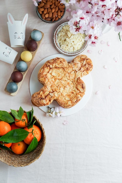 Colomba  traditional italian easter dove cake with glaze macaranage almonds