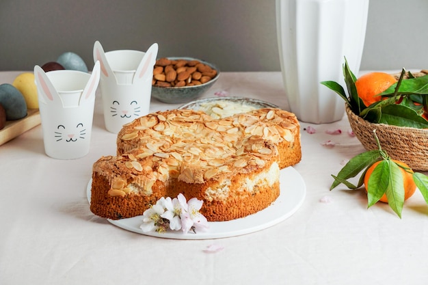 Colomba  traditional italian easter dove cake with glaze macaranage almonds