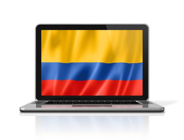 Colombia flag on laptop screen isolated on white. 3D illustration render.