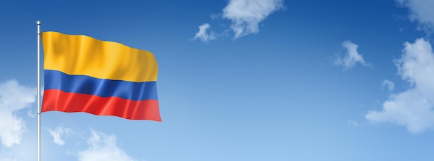 Colombia flag three dimensional render isolated on a blue sky Horizontal banner 3D illustration