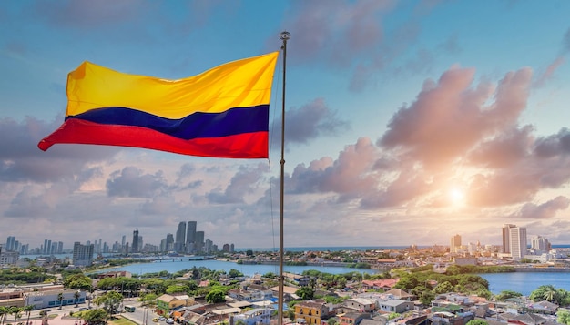 Colombia flag wavering in front Cartagena modern skyline near historic city center and hotel zone