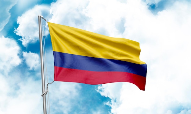 Colombia flag waving on sky background 3D Rendering