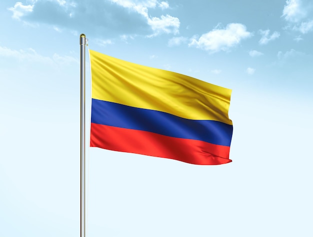 Colombia national flag waving in blue sky with clouds Colombia flag 3D illustration