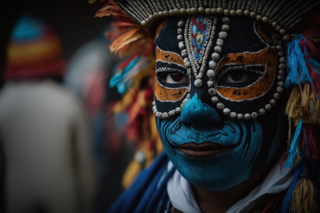 Colombian festival masks authentic local outfits big boots bright colors slashed faces carnival Generative AI