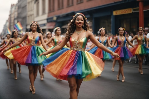 Colombian festivities A group of dancers are dancing in a parade one of them has a rainbow dress