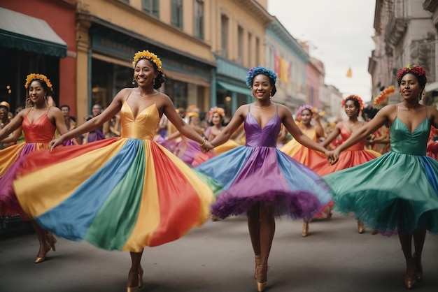 Colombian festivities A group of dancers are dancing in a parade one of them has a rainbow dress