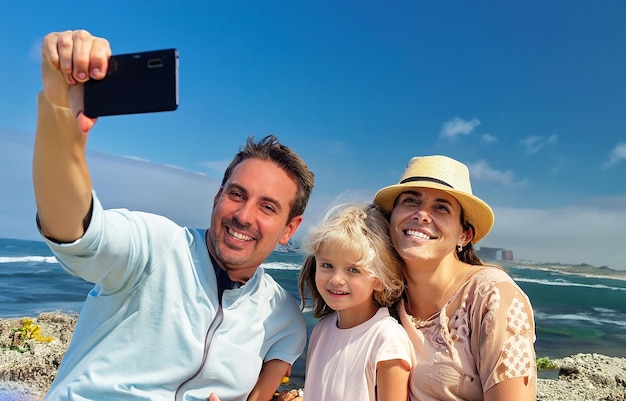 Colombian happy family taking selfie stock photo