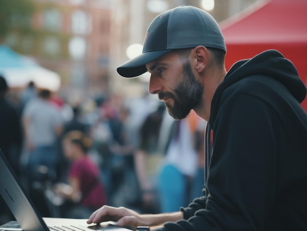 Colombian man working on a laptop in a vibrant urban setting