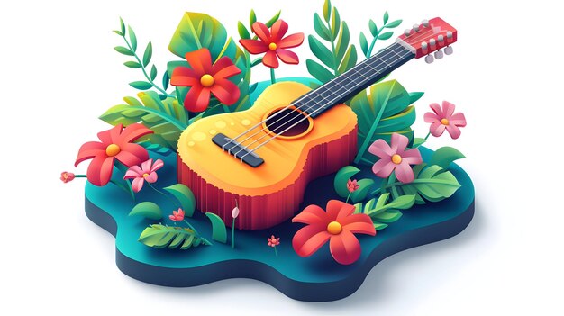 Colombian Music Floral Fusion Flat Design Icon Tiles Celebrating Cultural Blend in Isometric Scen