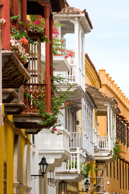 Colonial Balconies, Cartagena de Indias, Bolivar Department,, Colombia, South America.