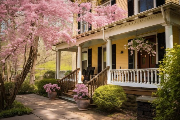 Colonial house exterior with blooming flowers and wooden porch in spring created with generative ai