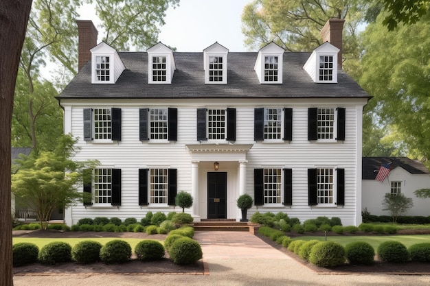 Colonial house exterior with painted white trim and black shutters