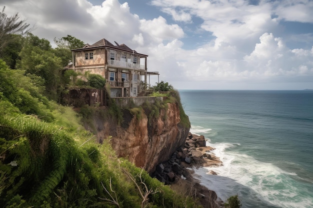 Colonial house perched on the edge of a cliff with views of the ocean in the background