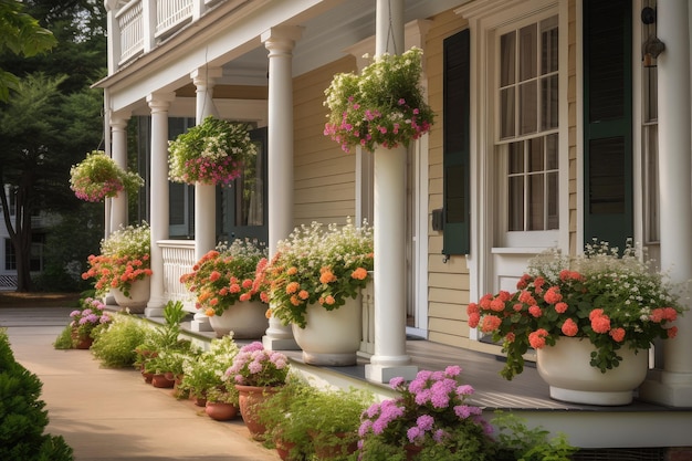 Colonial house with front porch and hanging pots of flowers