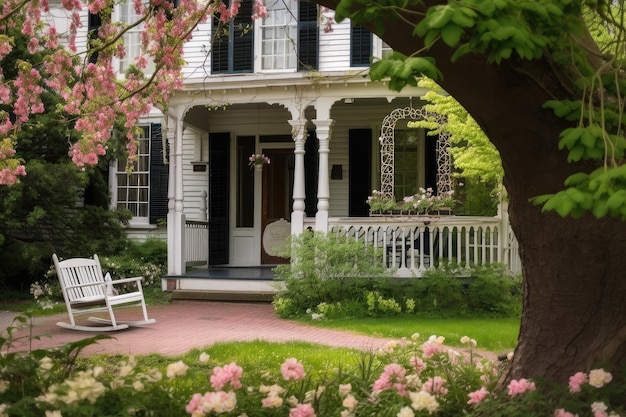 Colonial house with porch swing and lantern surrounded by blooming flowers created with generative ai