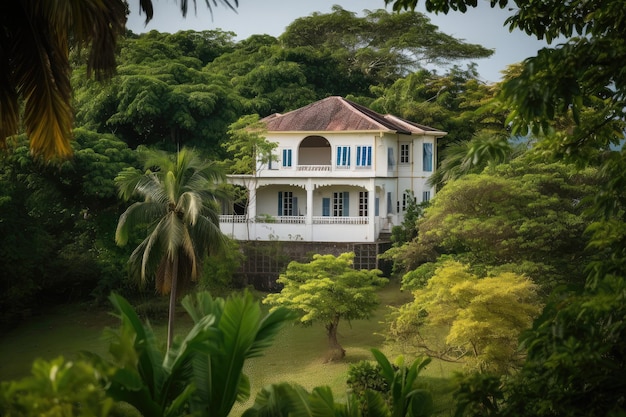 Colonial house with a view of the ocean surrounded by lush greenery