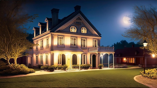 Colonial style house in night scene view