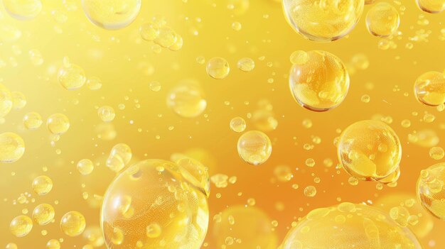 A color abstract background of bubbles on the surface of a yellow champagne soda or water surface Dynamic fizzing motion clear Champagne with moving bubbles or droplets of moisture