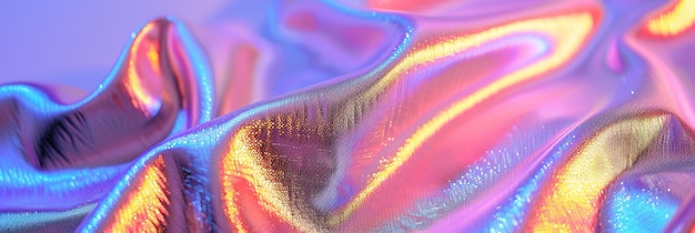 Photo color background and iridescent holo fabric with flare texture and light with pastel neon shine