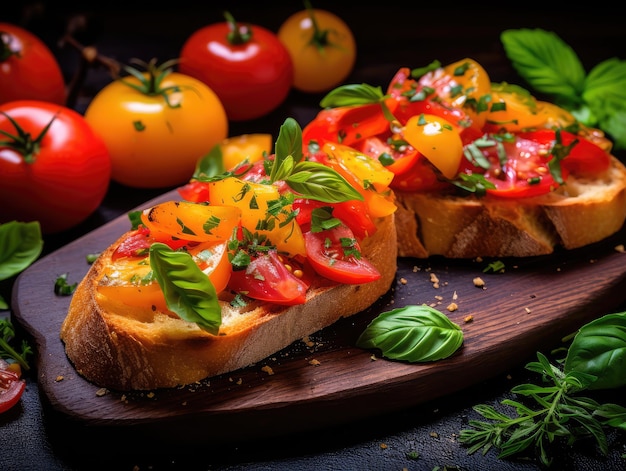 Color Bruschetta Italian Baguette with Red and Yellow Tomatoes Basil Healthy Mediterranean Toast