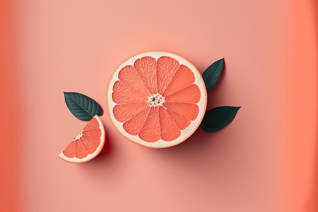 color Concept for living coral Half a grapefruit on a background of living coral flat lay