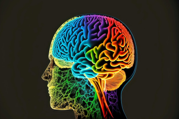 Color conventional image of head with human brain on black background