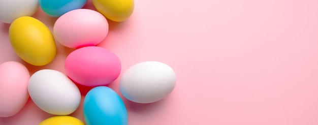 Color eggs for holiday easter, panoramic mock-up image