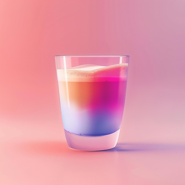 A color full glass filled with a colorful liquid in pink background