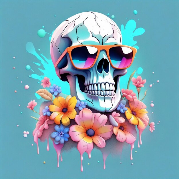 A color full skull trendy sunglass with flowers t shirt design