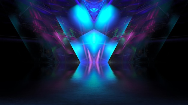 Color futuristic showcase scene background. Modern dark neon fantastic reflection showcase background, glowing bright elements. 3d render