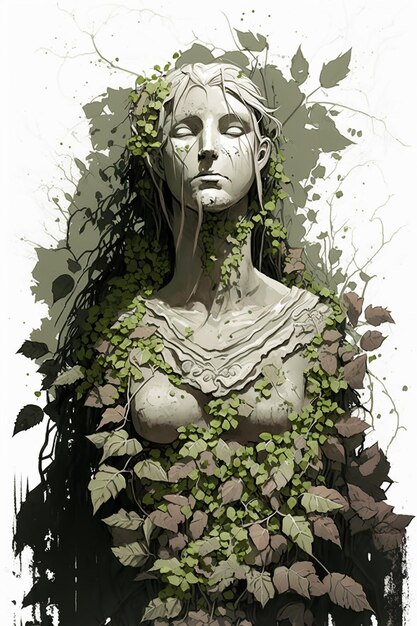 color line art of an overgrown stonestatue