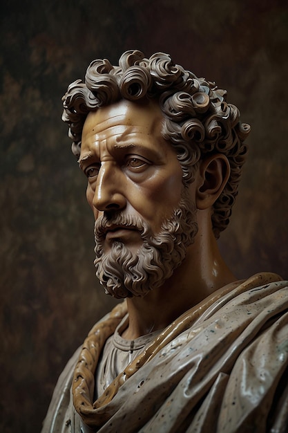 A color Marcus Aurelius with a reflective expression and toga embodying Stoic wisdom and anger