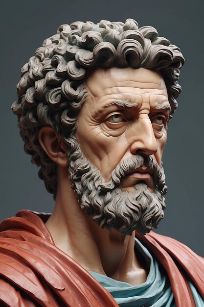 A color Marcus Aurelius with a reflective expression and toga embodying Stoic wisdom and anger