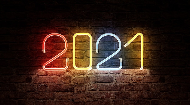 Color Neon light of 2021 New Year Symbol on brick wall