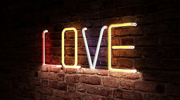 Color Neon light of Love Sign Board Symbol on brick wall