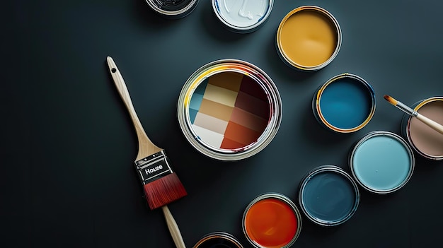 a color palette of paint cans and brushes set against a sleek black background with color swatches meticulously arranged to inspire home or office interior design