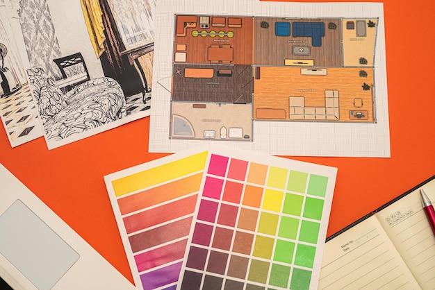 Color palettes house home plan drawing on desk