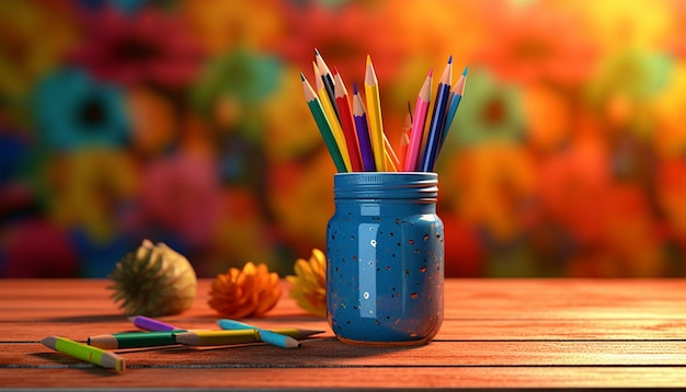 Color pencils in pen container background