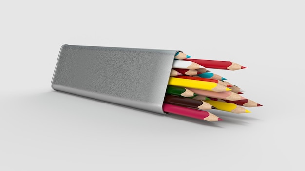 Color pencils spilling out from tin triangle Jar isolated on white 3d illustration