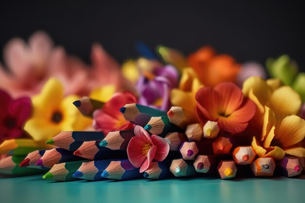 Color pencils with flowers Colors of spring flowers AI generated