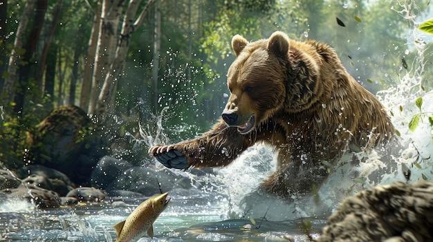 Color photo of a bear catching a salmon in a river dynamic action with splashing water forested backdrop bright natural light