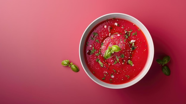 Color photo of a bowl of gazpacho vibrant red soup with a garnish of herbs served in a white bowl bright summer light