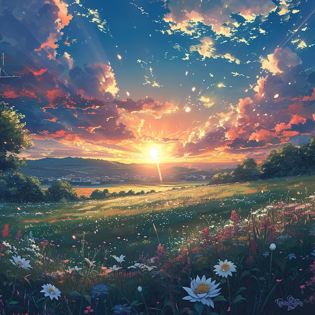 Color photo of a breathtakingly beautiful anime scene depicting a serene sunset over a tranquil meadow v 6 Job ID 9ecfc97e41d4413a986b56c44e4a4076