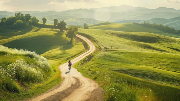 Photo color photo of a cyclist riding through the countryside scenic route with rolling hills bright midday sunlight