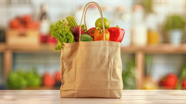 Color photo of an ecofriendly shopping bag reusable bag with fresh produce market setting bright natural light