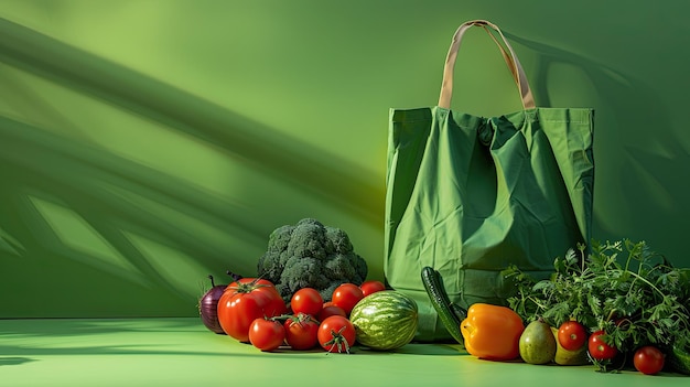 Color photo of an ecofriendly shopping bag reusable bag with fresh produce market setting bright natural light