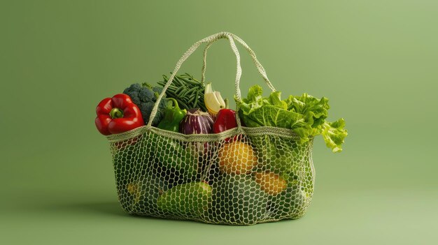 Color photo of an ecofriendly shopping bag reusable bag with fresh produce market setting bright natural light