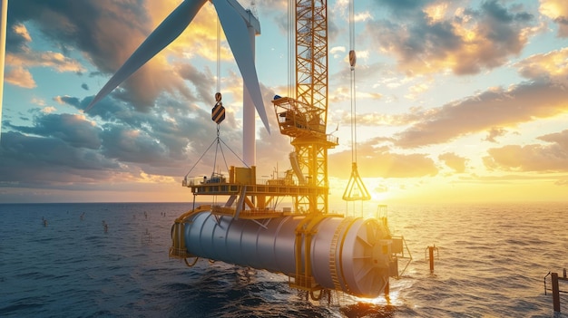 Color photo of an offshore wind turbine being installed large crane lifting components into place ocean setting with bright sunlight