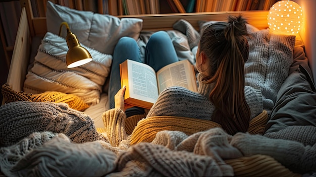 Color photo of a person reading a book in a cozy nook surrounded by pillows and blankets soft lamp light